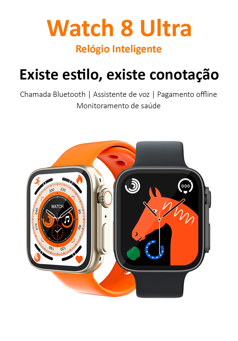 Imagem de dois Smartwatches Watch 8 Ultra (Modelo 2023) lado a lado, mostrando seu design elegante e tecnologia avançada